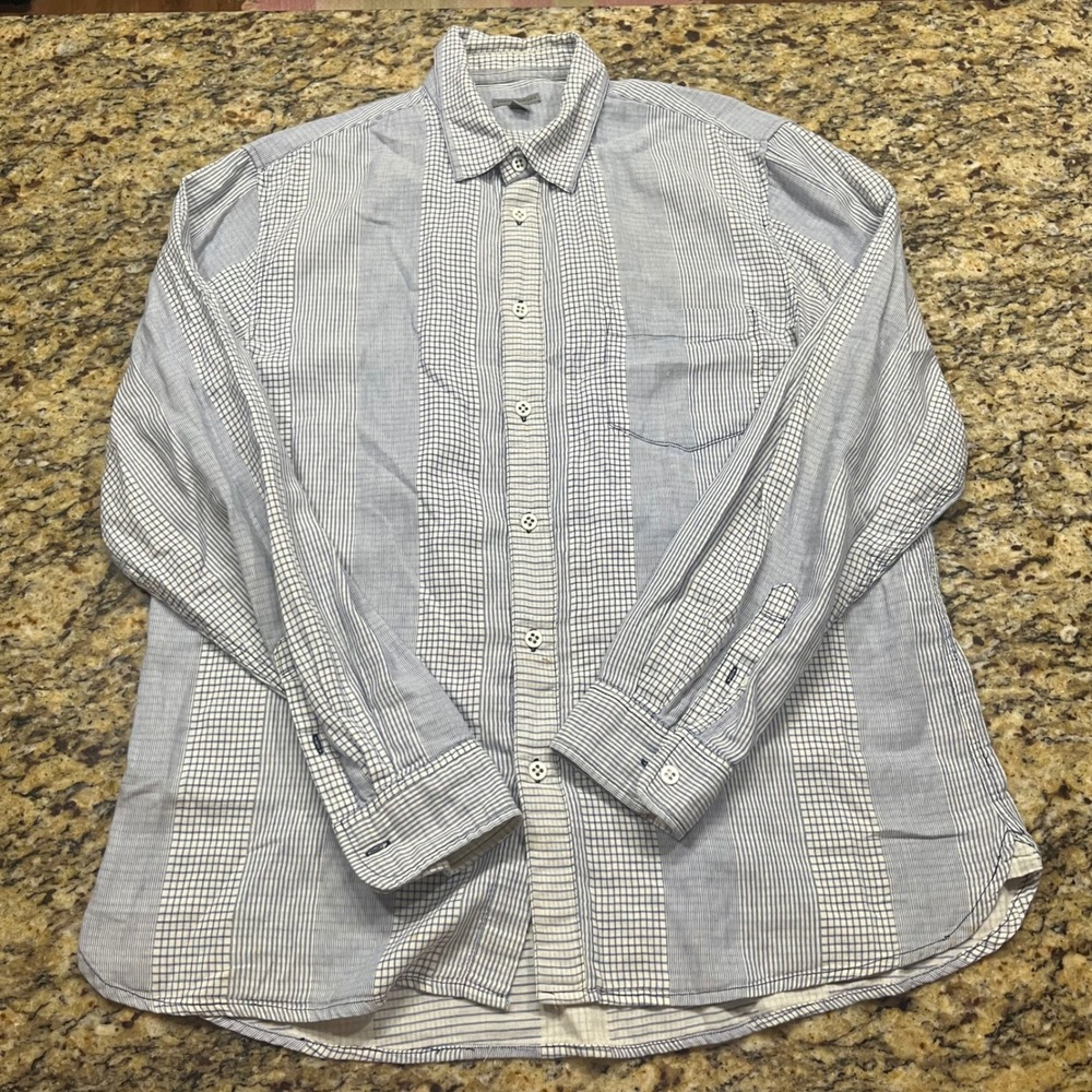 Martin Gordon Mens XL Blue White Mixed Stripe Grid Check Button‎ Down Shirt
